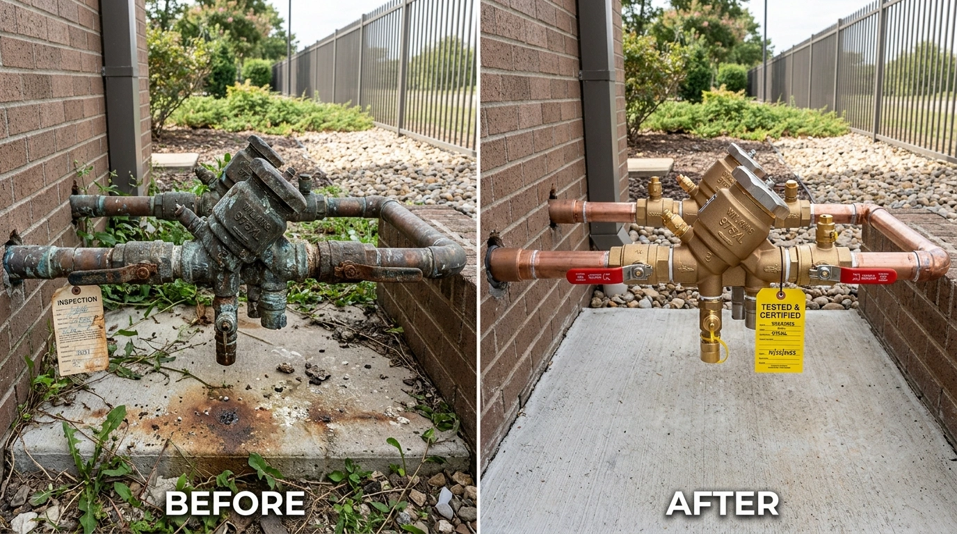 Before and After Backflow Testing Repair and Replacement by Square Dent Plumbing in Denton TX — corroded PVB replaced with new Watts assembly