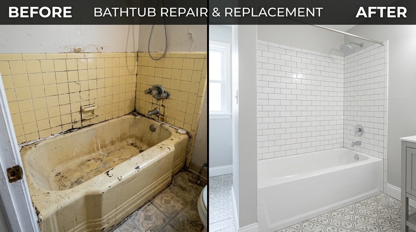 Before and after bathtub repair and replacement by Square Dent Plumbing in Denton TX — showing cracked fiberglass tub replaced with new acrylic alcove unit