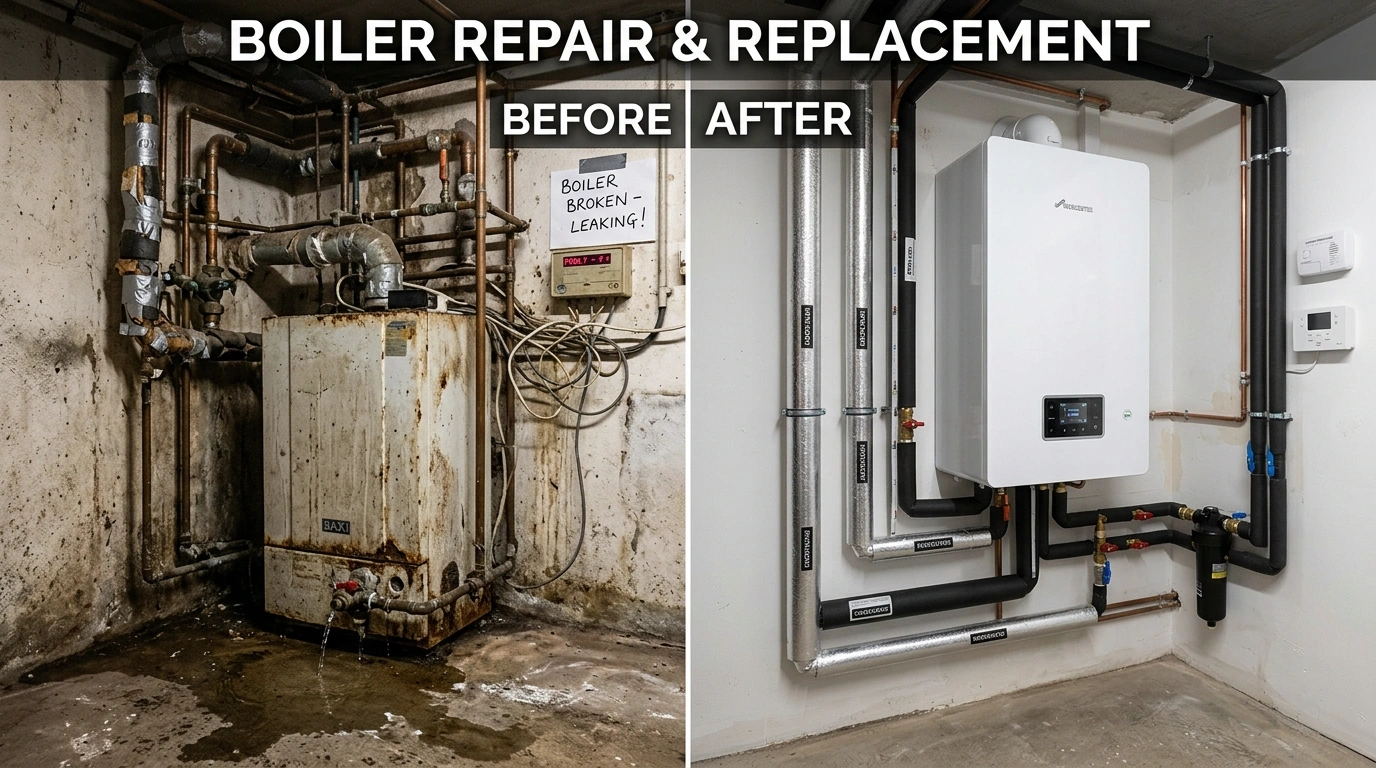 Before and after boiler repair and replacement by Square Dent Plumbing in Denton TX — corroded old boiler replaced with high-efficiency Navien condensing system