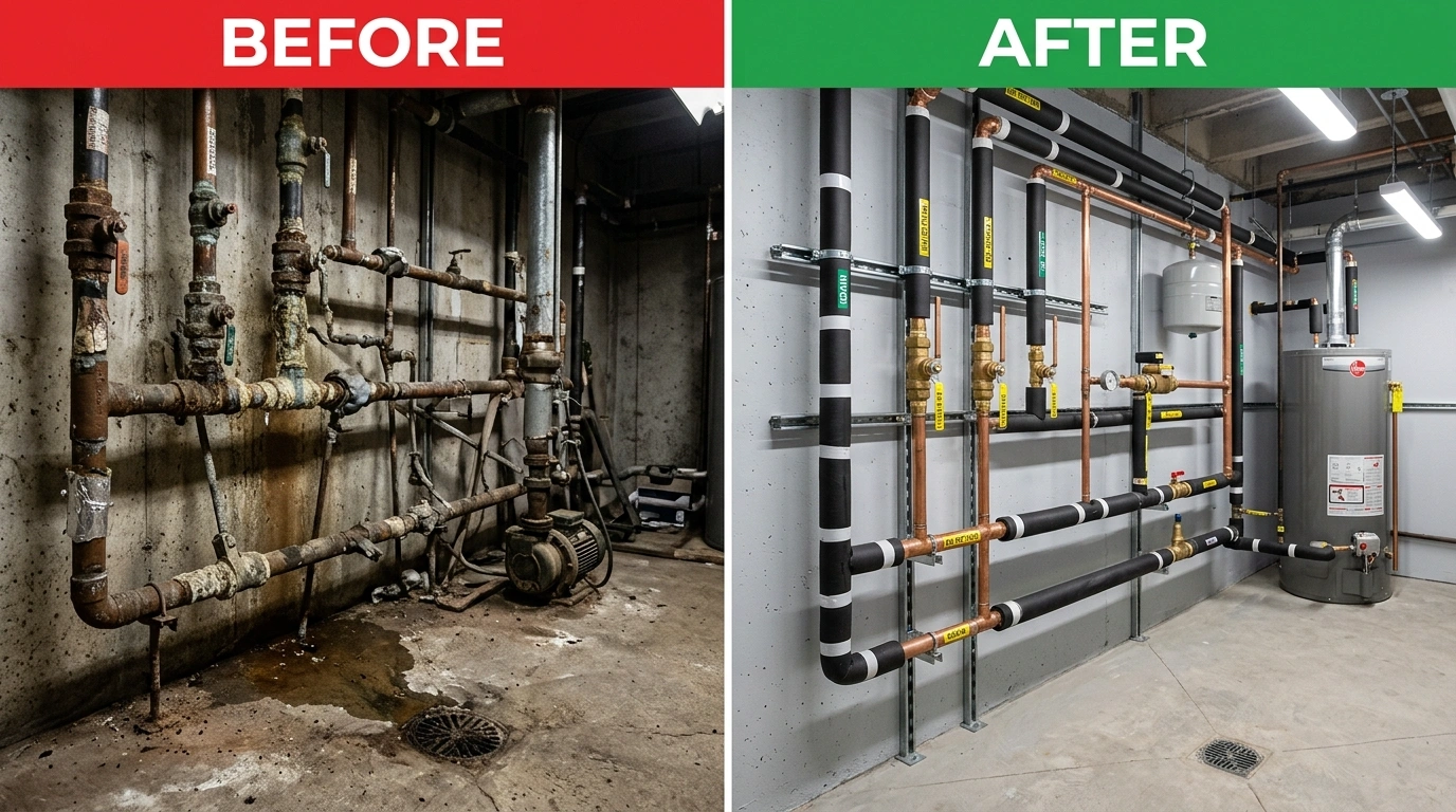 Before and after commercial pipe repiping replacement project by Square Dent Plumbing in Denton TX