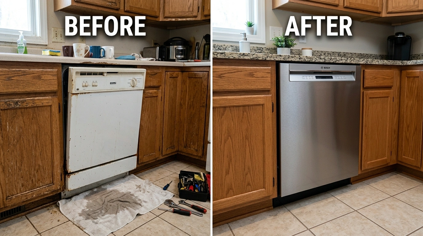 Before and After Dishwasher Repair and Replacement — Square Dent Plumbing Denton TX