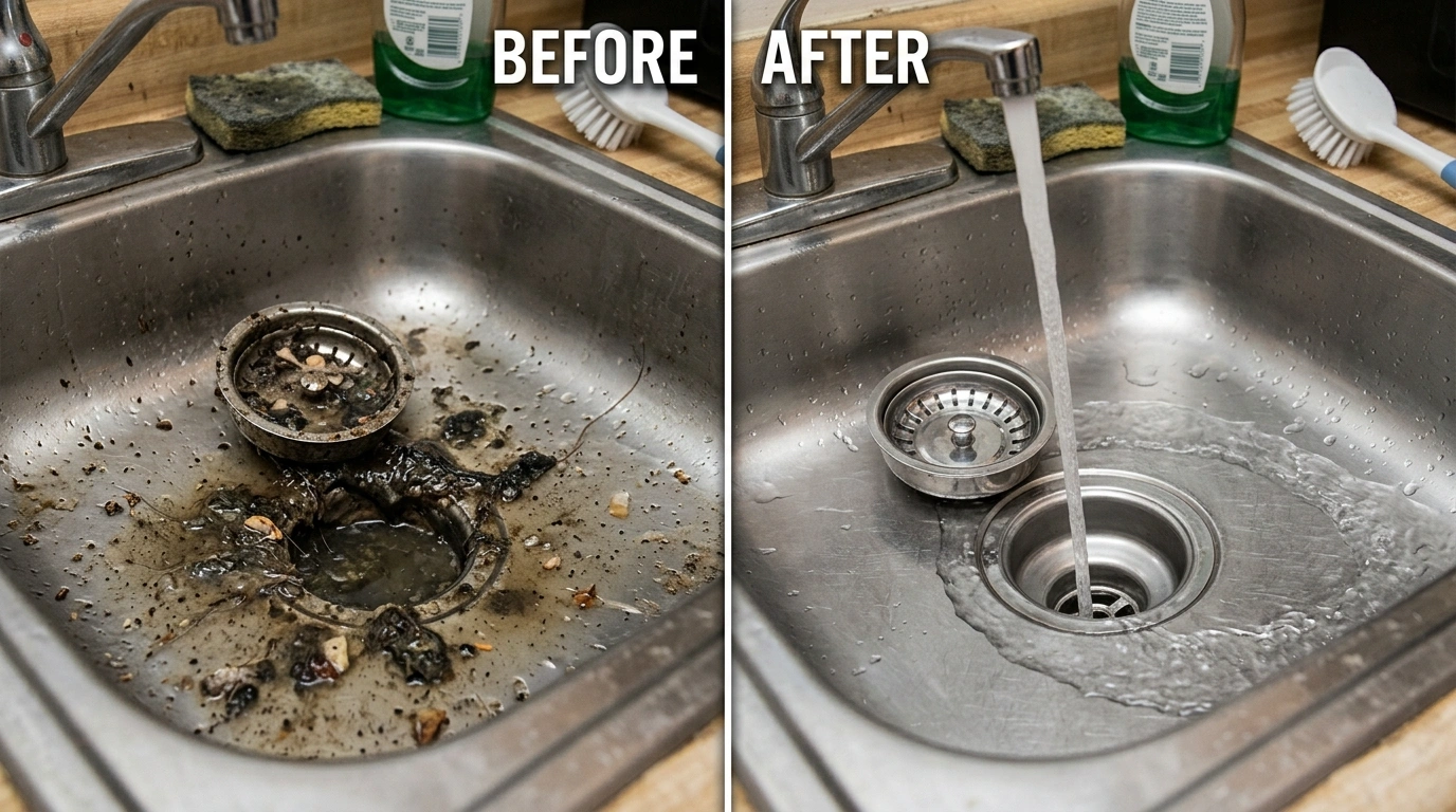 Before and after drain cleaning service by Square Dent Plumbing in Denton TX showing clogged drain restored to full flow