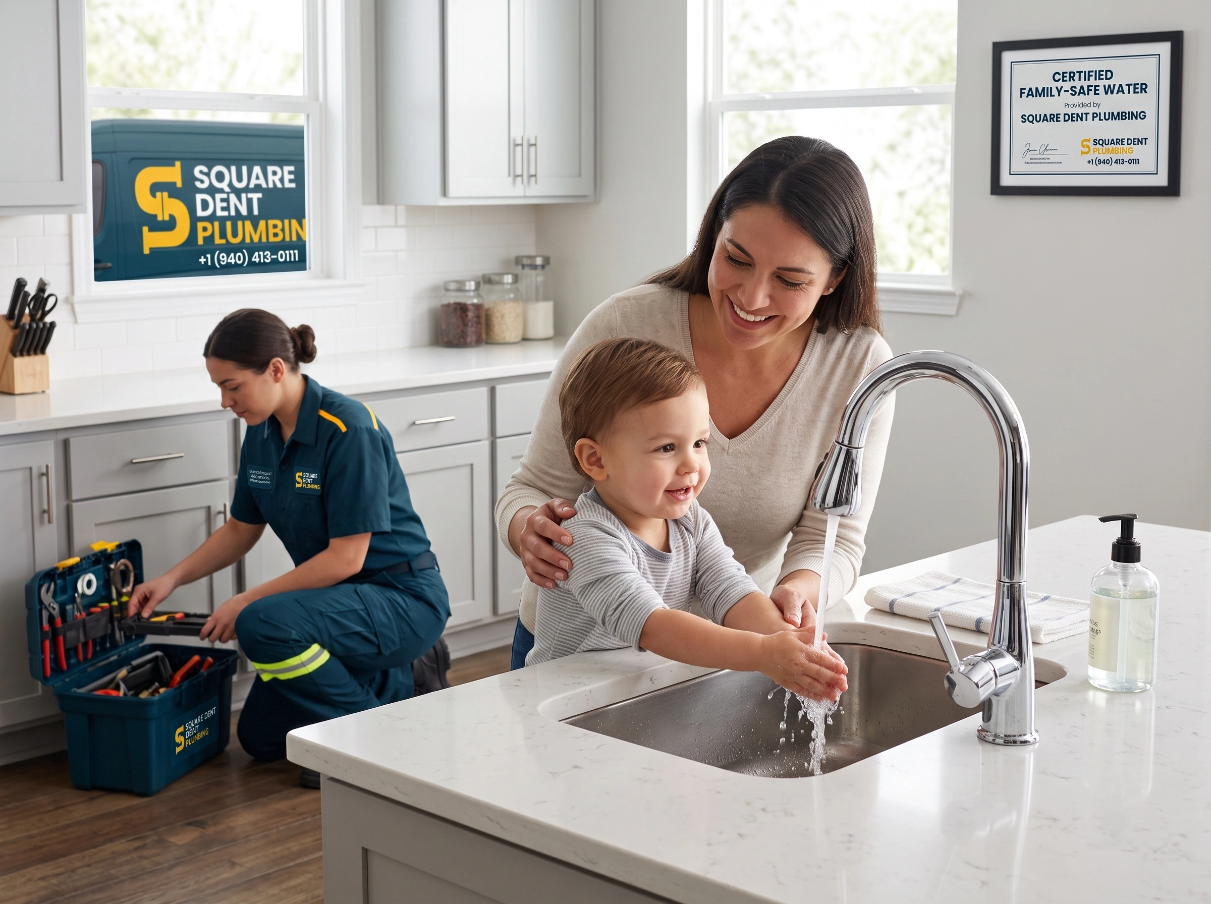Family safe water guarantee — kitchen sink repair by Square Dent Plumbing Denton TX