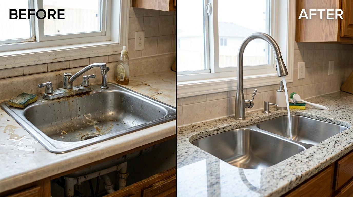Before and after faucet repair and sink replacement project by Square Dent Plumbing in Denton TX — showing corroded faucet replaced with new fixture and restored under-sink connections