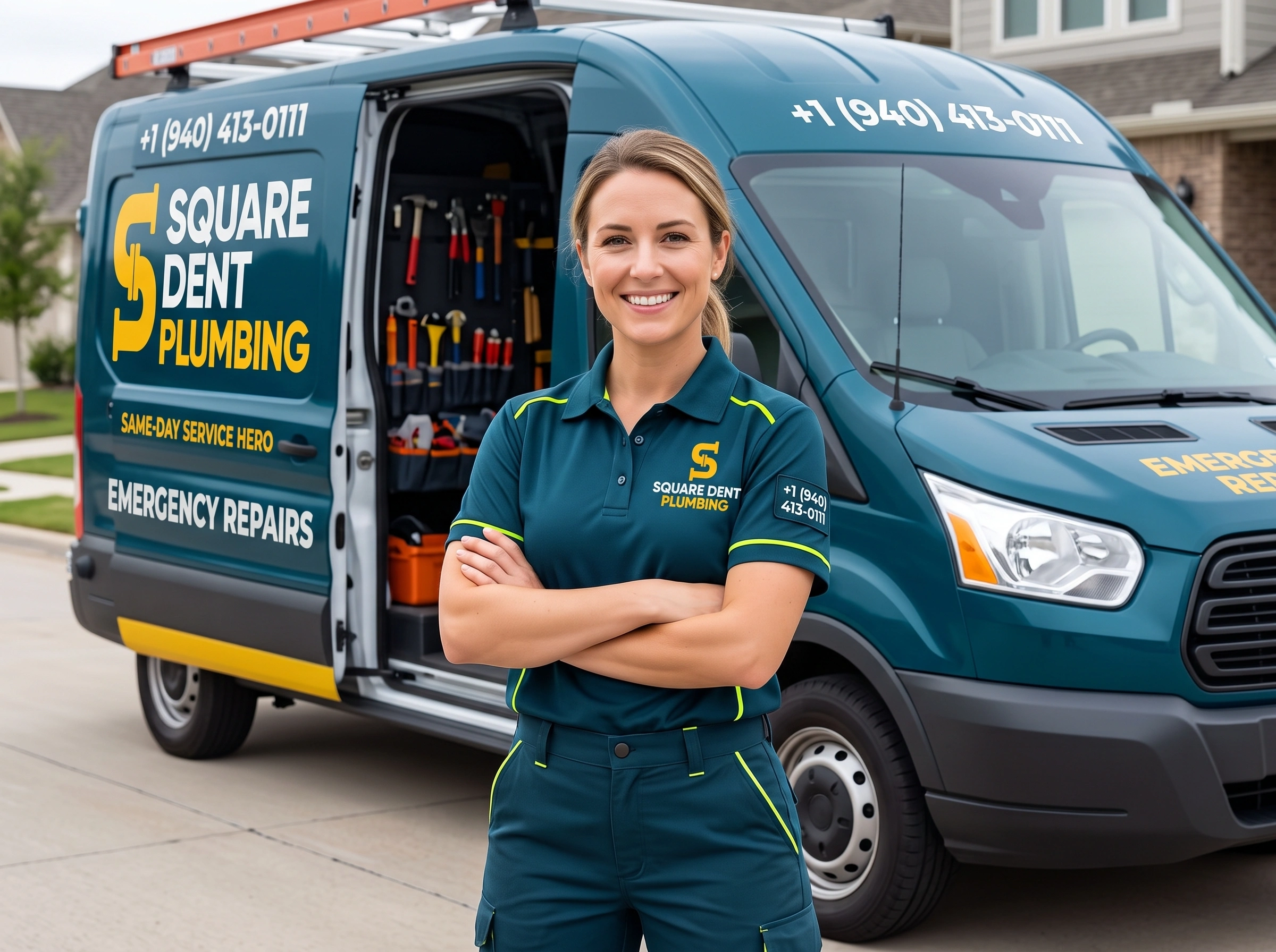 Female plumber — Square Dent Plumbing professional team Denton TX