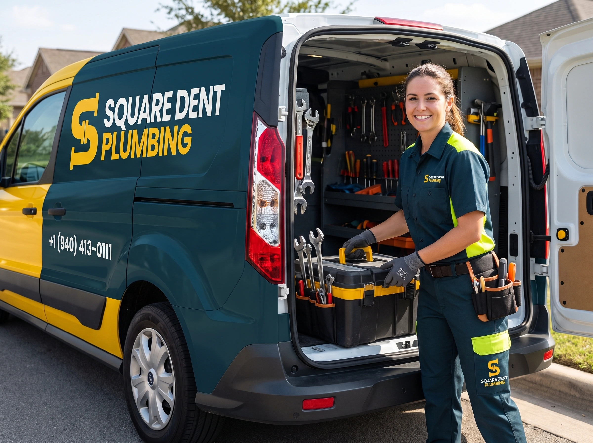 Square Dent Plumbing fully loaded service van — Denton TX fleet