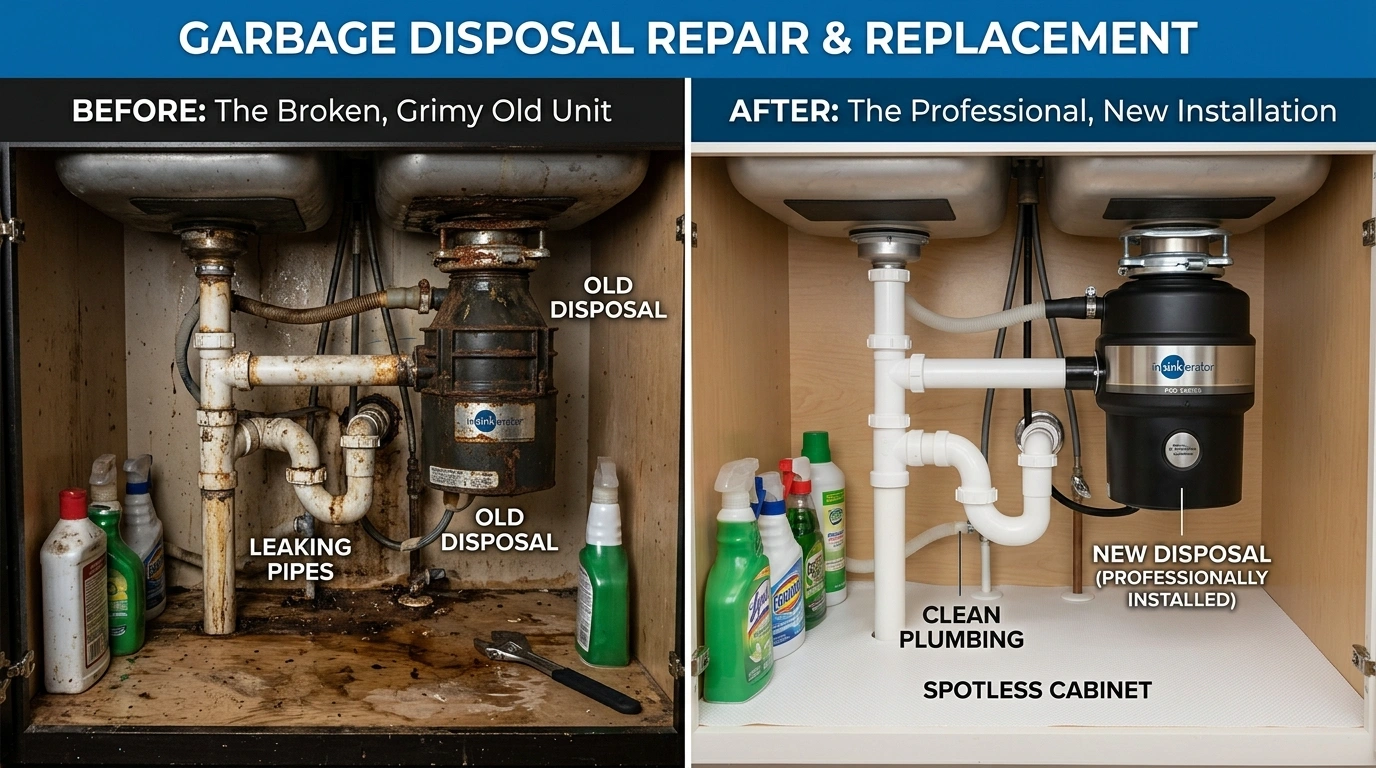 Before and after garbage disposal repair and replacement by Square Dent Plumbing in Denton TX — showing failed unit removal and new InSinkErator installation