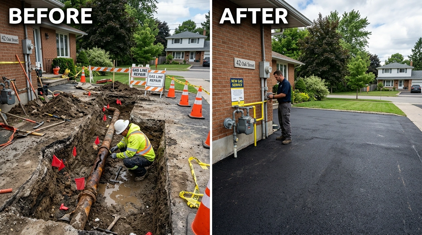 Before and After Gas Line Repair and Replacement by Square Dent Plumbing in Denton TX — corroded black iron pipe replaced with new pressure-tested installation
