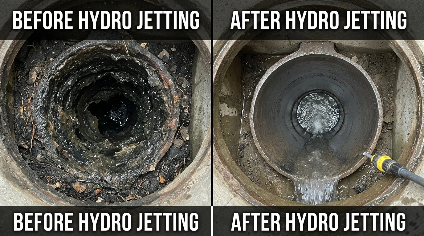 Before and After Hydro Jetting Service by Square Dent Plumbing in Denton TX — grease-blocked drain restored to full bore