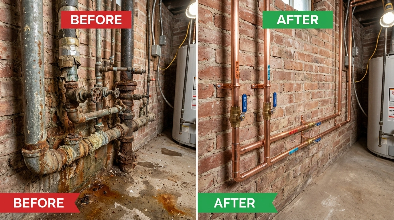 Before and after pipe repiping by Square Dent Plumbing in Denton TX showing corroded galvanized pipes replaced with new PEX system