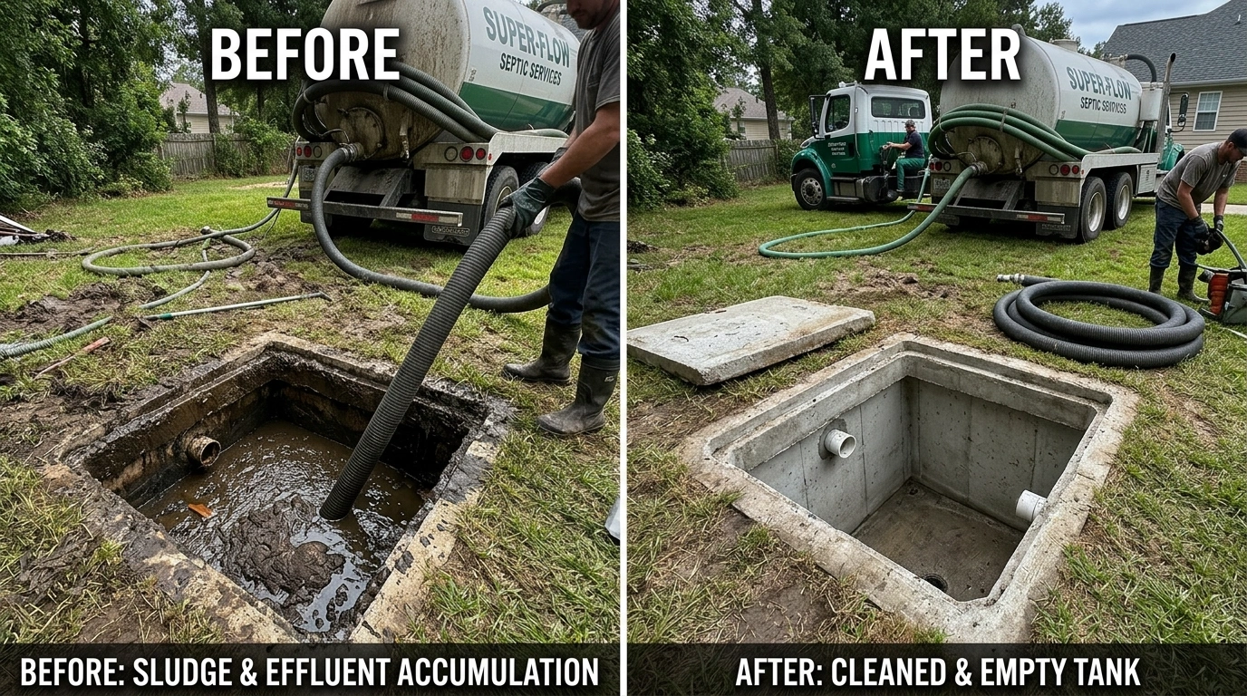 Before and after septic tank cleaning and pumping by Square Dent Plumbing in Denton TX — overfull tank cleaned and restored to full capacity