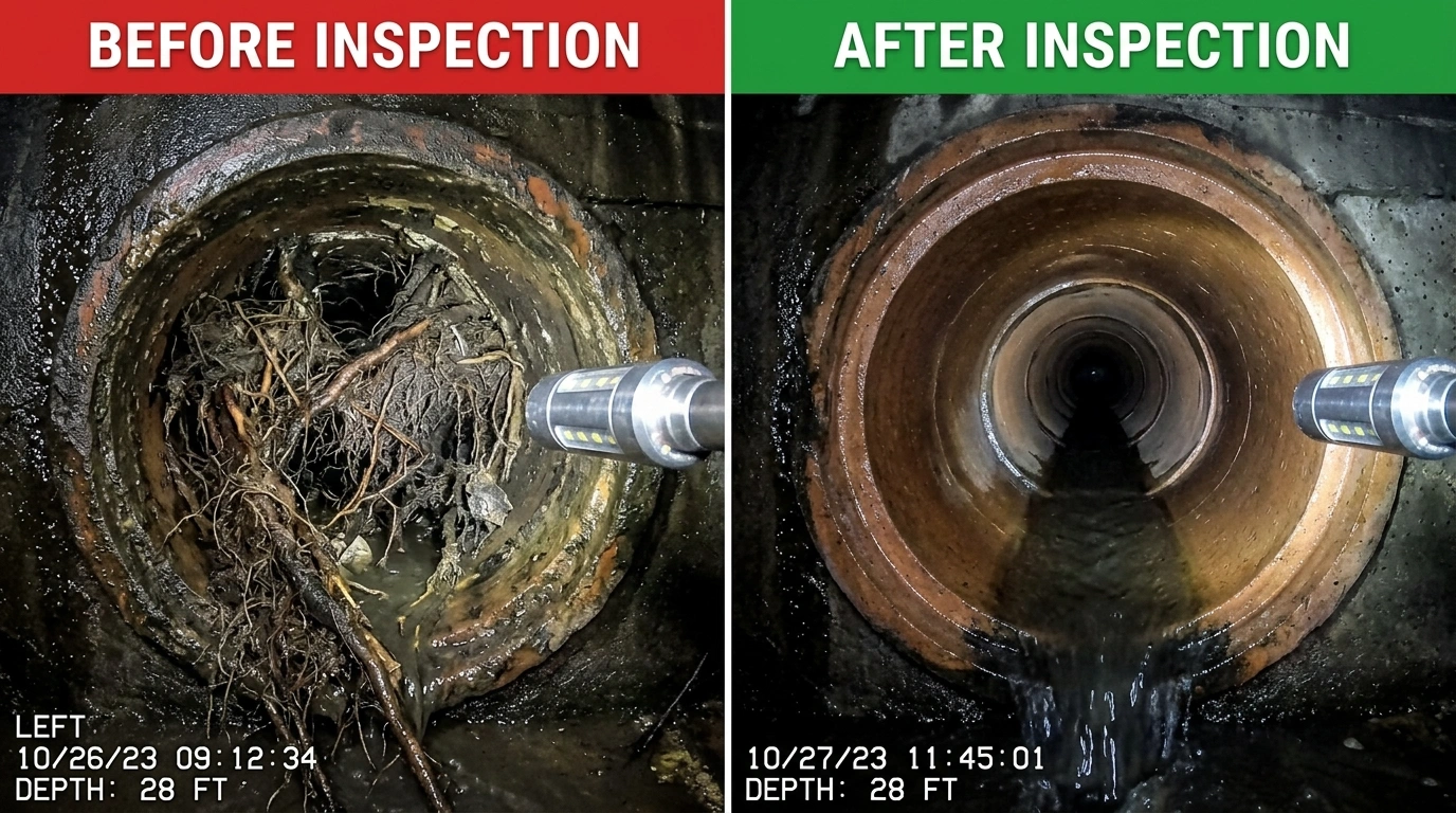Before and after sewer camera inspection results by Square Dent Plumbing in Denton TX