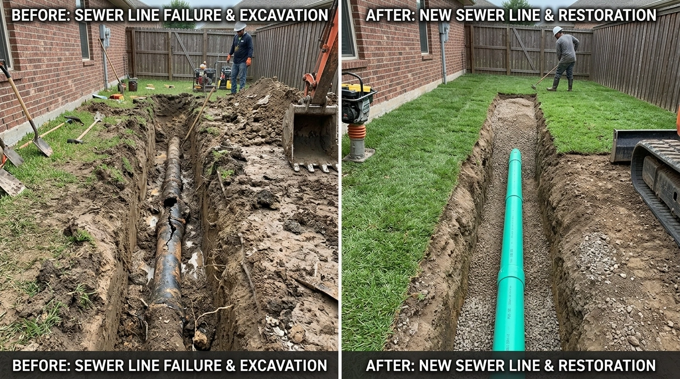 Before and After Sewer Line Repair and Replacement — Square Dent Plumbing Denton TX
