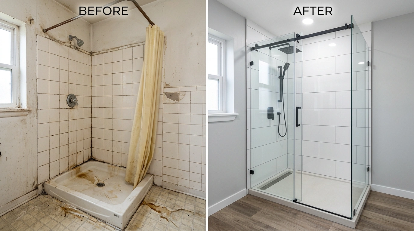 Before and after shower repair and replacement by Square Dent Plumbing in Denton TX