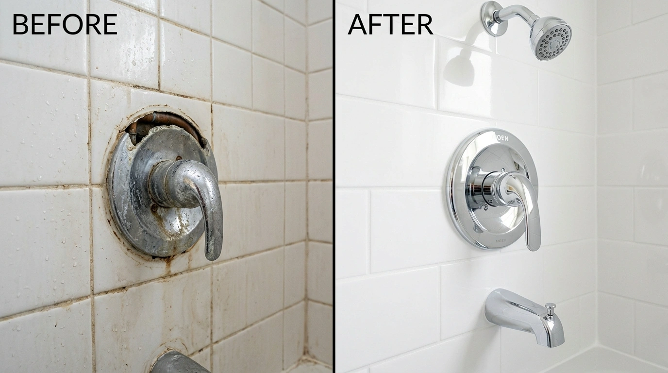 Before and after shower valve repair and replacement project by Square Dent Plumbing in Denton TX — showing corroded valve replaced with new pressure-balancing valve
