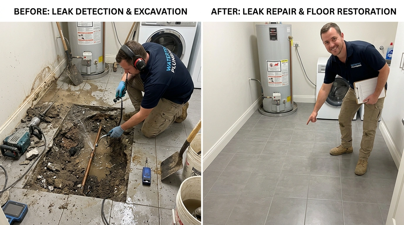 Before and after slab leak detection and repair by Square Dent Plumbing in Denton TX showing pinpoint leak location and completed repair