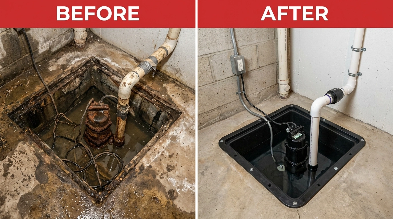 Before and After Sump Pump Repair and Replacement by Square Dent Plumbing in Denton TX — flooded crawl space transformed to dry protected space
