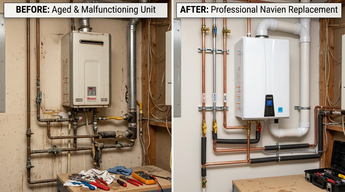 Before and After Tankless Water Heater Replacement by Square Dent Plumbing in Denton TX