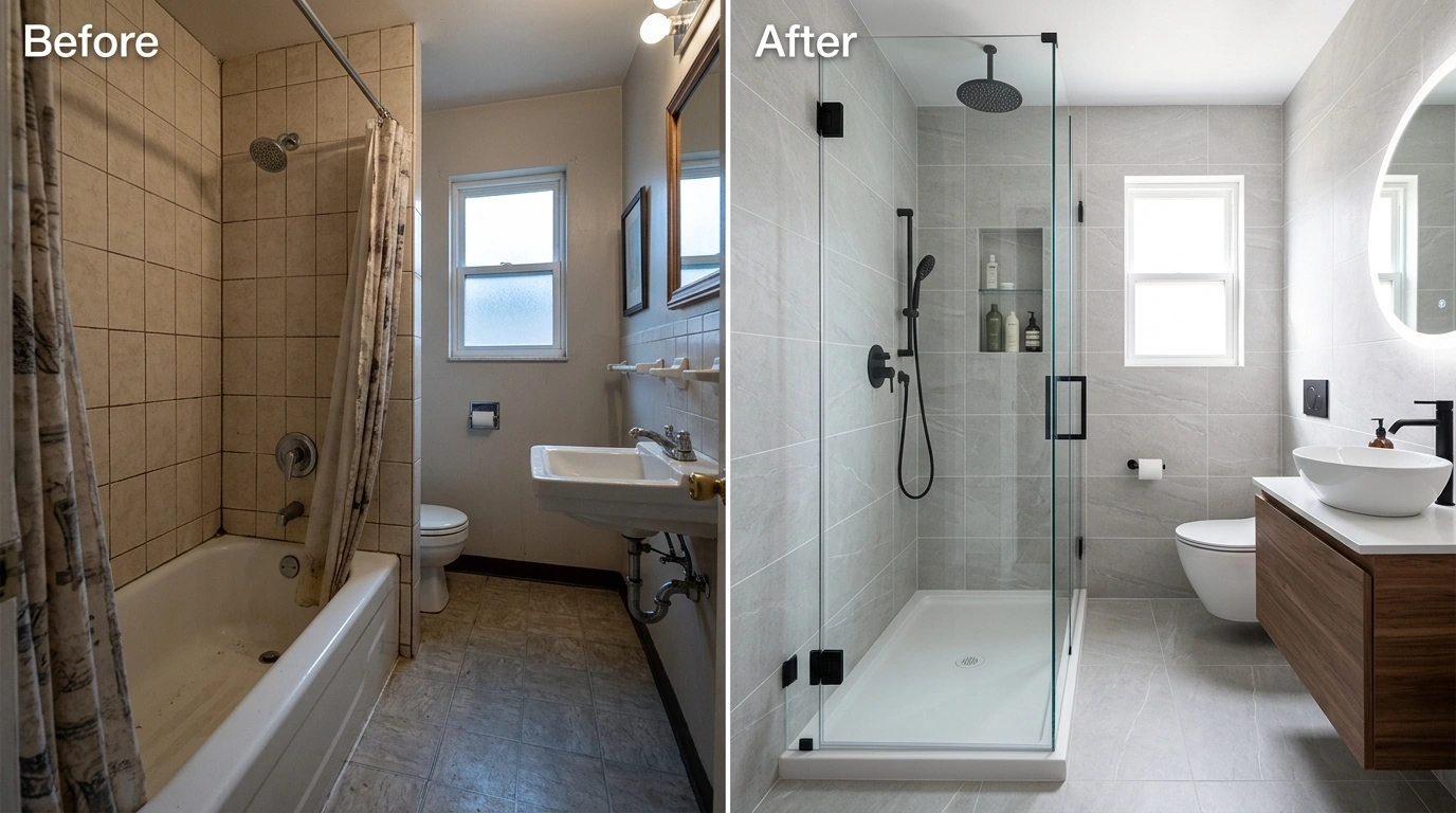Before and after tub-to-shower conversion by Square Dent Plumbing in Denton TX showing original bathtub replaced with custom tile walk-in shower