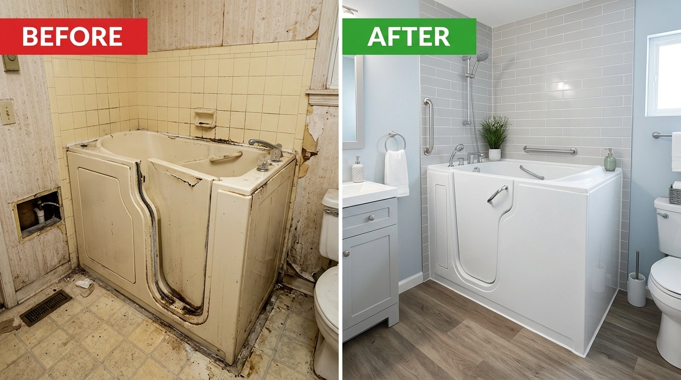 Before and after walk-in tub repair and replacement by Square Dent Plumbing in Denton TX