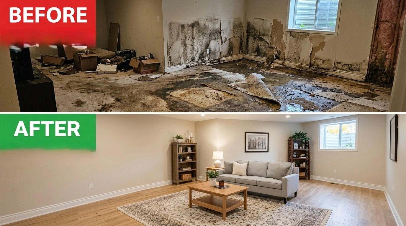 Before and After Water Damage Restoration by Square Dent Plumbing in Denton TX — burst pipe and flooding restoration results