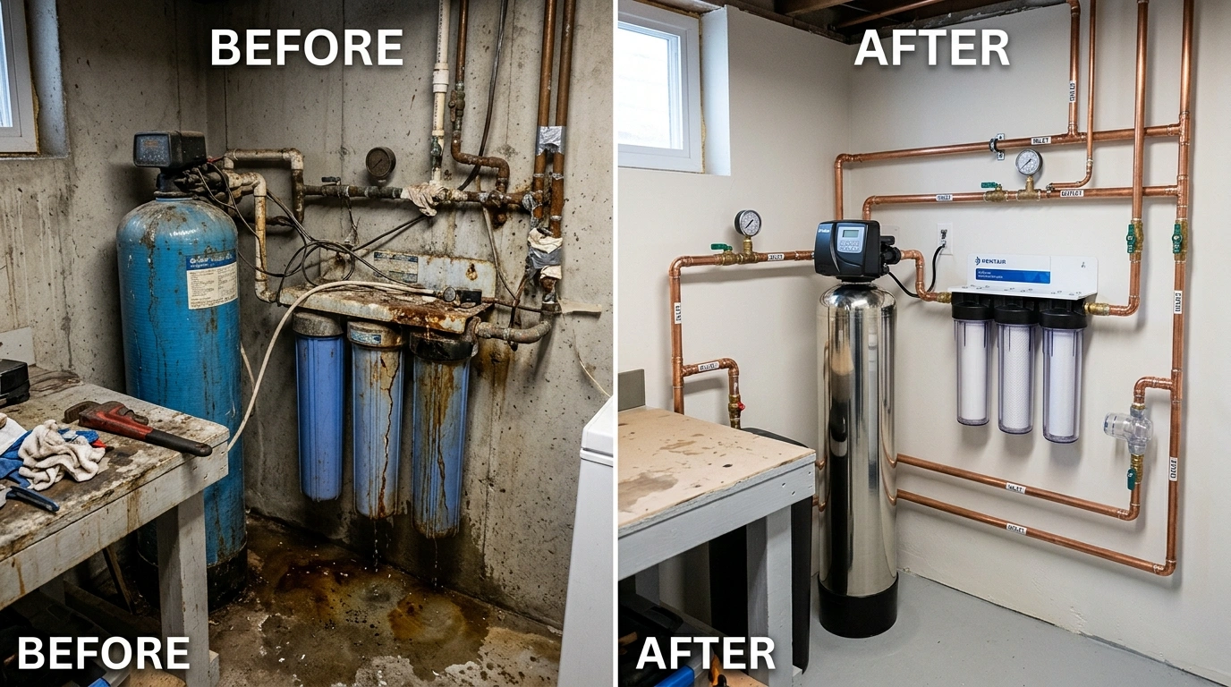 Before and after water filtration system replacement by Square Dent Plumbing in Denton TX