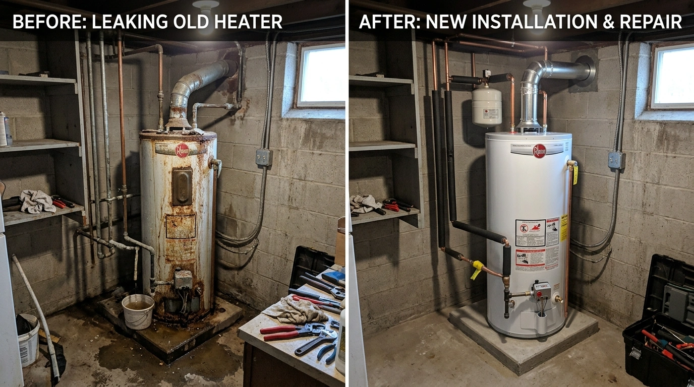 Before and after water heater repair and replacement by Square Dent Plumbing in Denton TX