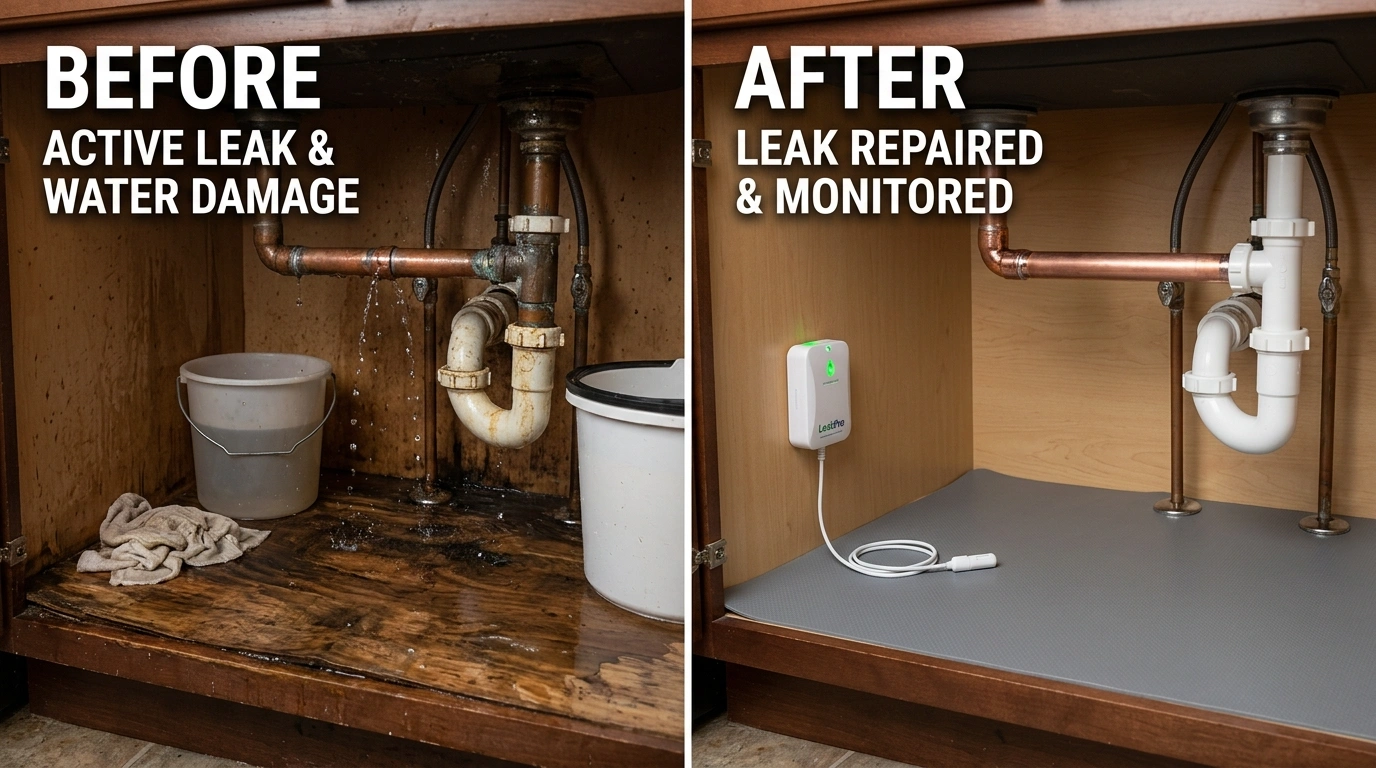 Before and after water leak detection and repair by Square Dent Plumbing in Denton TX