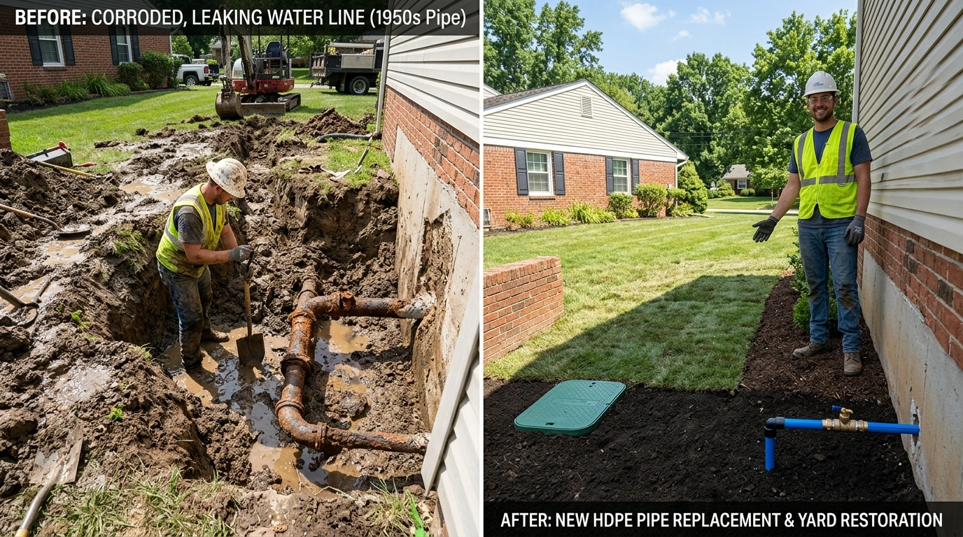 Before and after water line replacement project by Square Dent Plumbing in Denton TX — showing corroded galvanized pipe replaced with new HDPE line and yard restoration