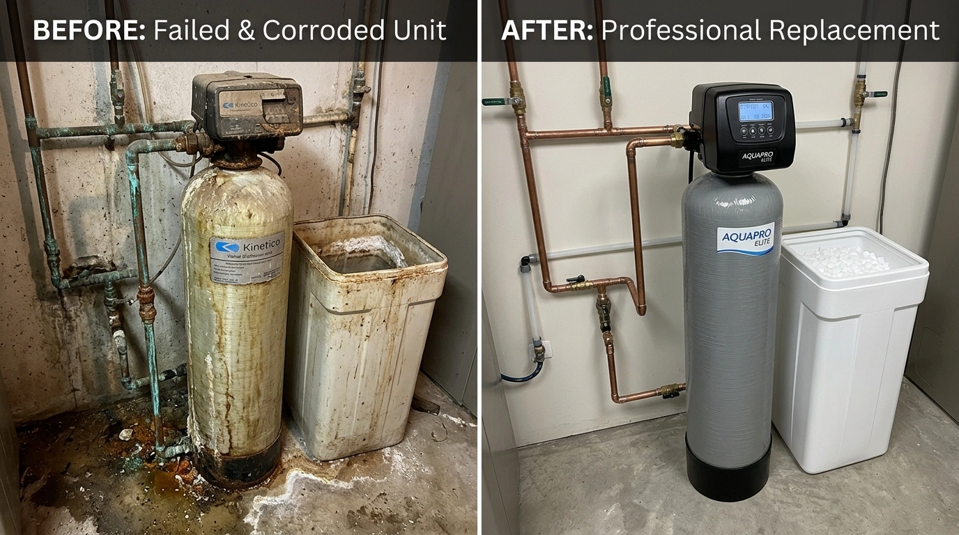 Before and after water softener replacement by Square Dent Plumbing in Denton TX showing restored soft water and eliminated scale